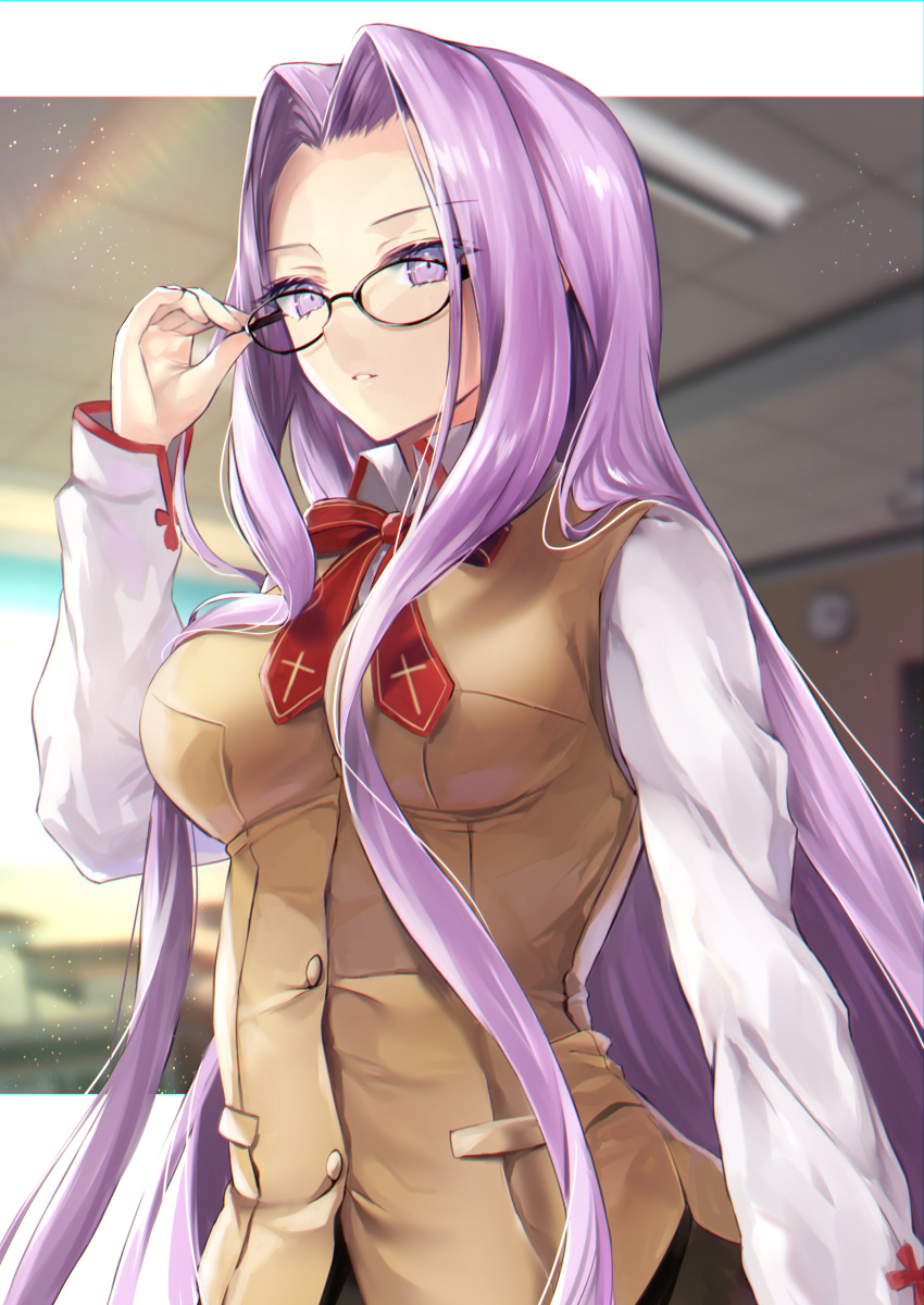 1girl absurdres bangs blurry blurry_background blush breasts brown_vest classroom collared_shirt fate/stay_night fate_(series) forehead glasses hane_yuki highres homurahara_academy_uniform large_breasts long_hair long_sleeves looking_at_viewer neck_ribbon parted_bangs parted_lips purple_hair red_ribbon ribbon rider shirt sidelocks very_long_hair vest violet_eyes white_shirt