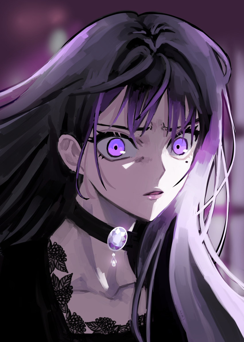 1girl absurdres bands black_choker black_hair blurry blurry_background choker gem highres ing5 long_hair looking_at_viewer medea_solon mole mole_under_eye parted_lips portrait solo violet_eyes your_throne
