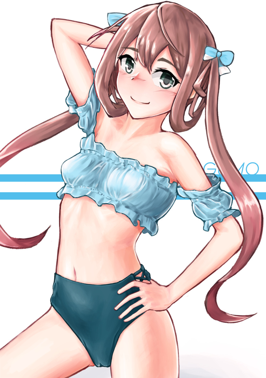 1girl arm_up asagumo_(kantai_collection) bikini breasts brown_hair commentary_request cowboy_shot frilled_bikini frills grey_eyes hair_ribbon hand_on_hip highres kantai_collection long_hair looking_at_viewer mismatched_bikini owada_(kousonhuchi) ribbon small_breasts solo swimsuit twintails white_background