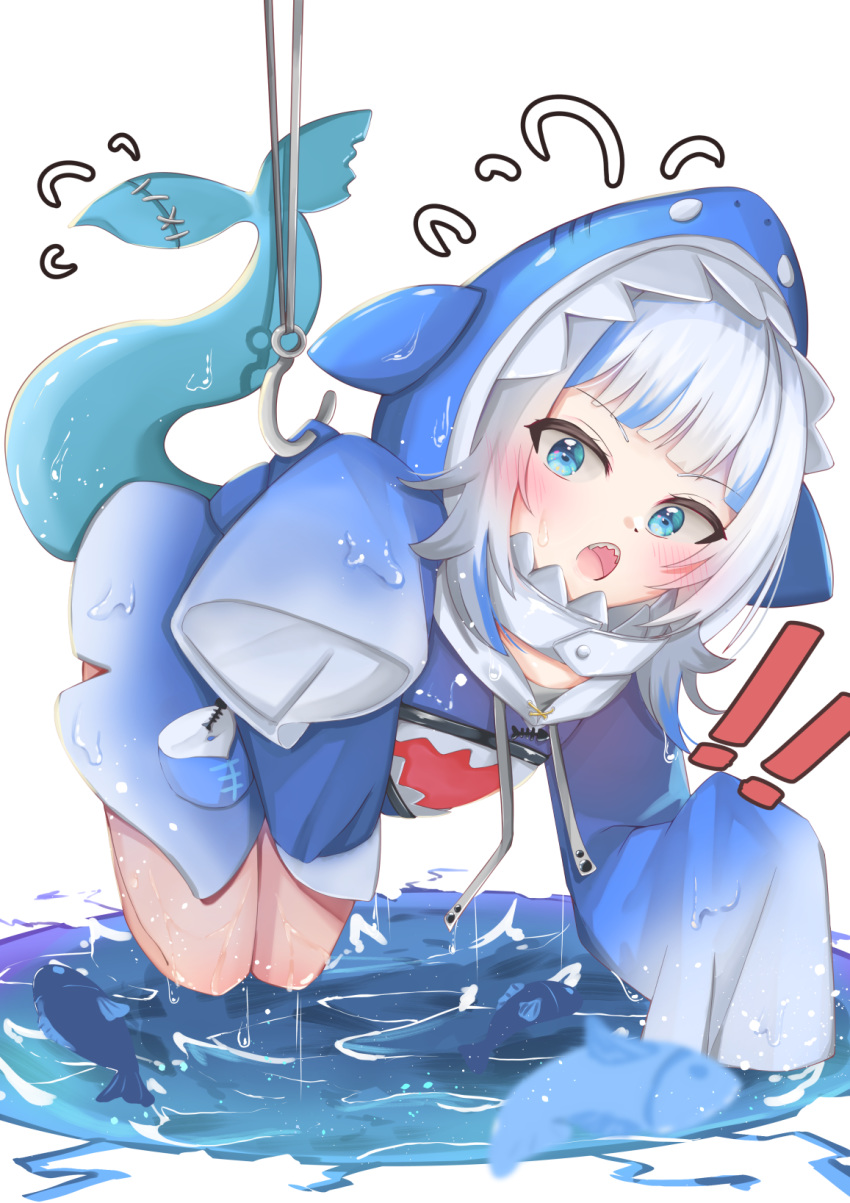 !! /\/\/\ 1girl :o bangs blue_eyes blue_hair blue_hoodie blush constricted_pupils drawstring dripping english_commentary eyebrows_visible_through_hair fish fishing fishing_hook fishing_line flying_sweatdrops gawr_gura highres hololive hololive_english hood hood_up hoodie legs_together minertime multicolored_hair ocean open_mouth shark_girl shark_hood shark_tail sharp_teeth sidelocks silver_hair simple_background sleeves_past_fingers sleeves_past_wrists solo streaked_hair surprised tail teeth virtual_youtuber water wet wet_clothes white_background white_hair wide-eyed