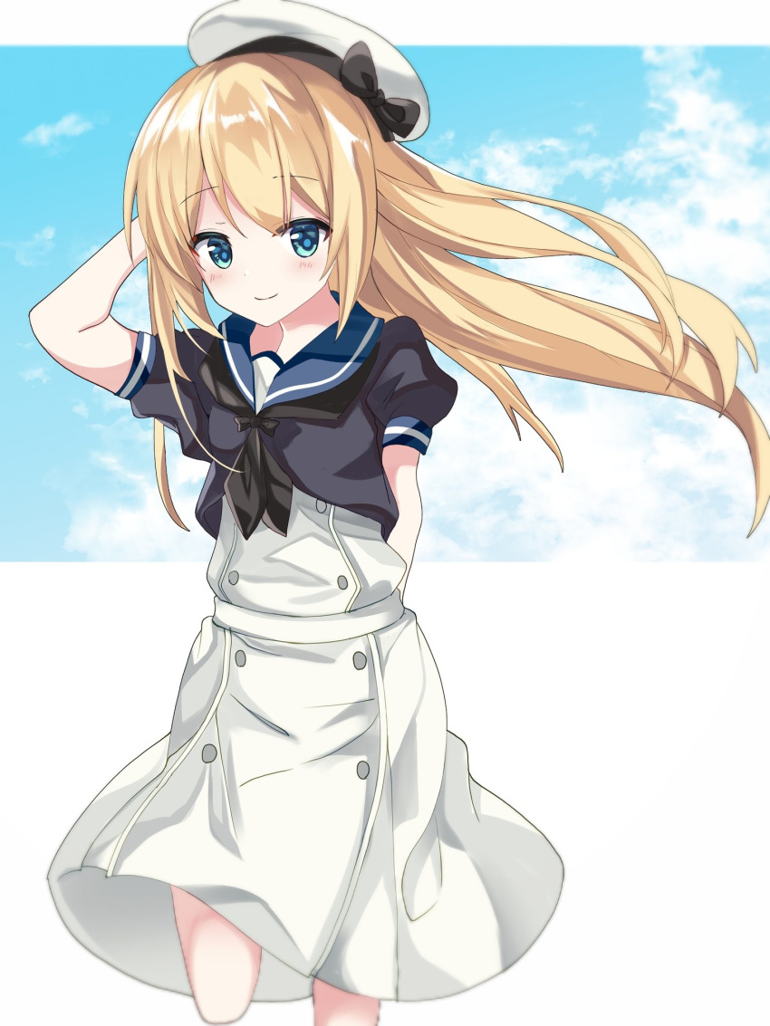 1girl arm_behind_back blonde_hair blue_eyes blue_sailor_collar blue_sky clouds dress fathom hat highres holding holding_clothes holding_hat jervis_(kantai_collection) kantai_collection long_hair looking_at_viewer sailor_collar sailor_dress sailor_hat short_sleeves sky solo white_dress white_headwear