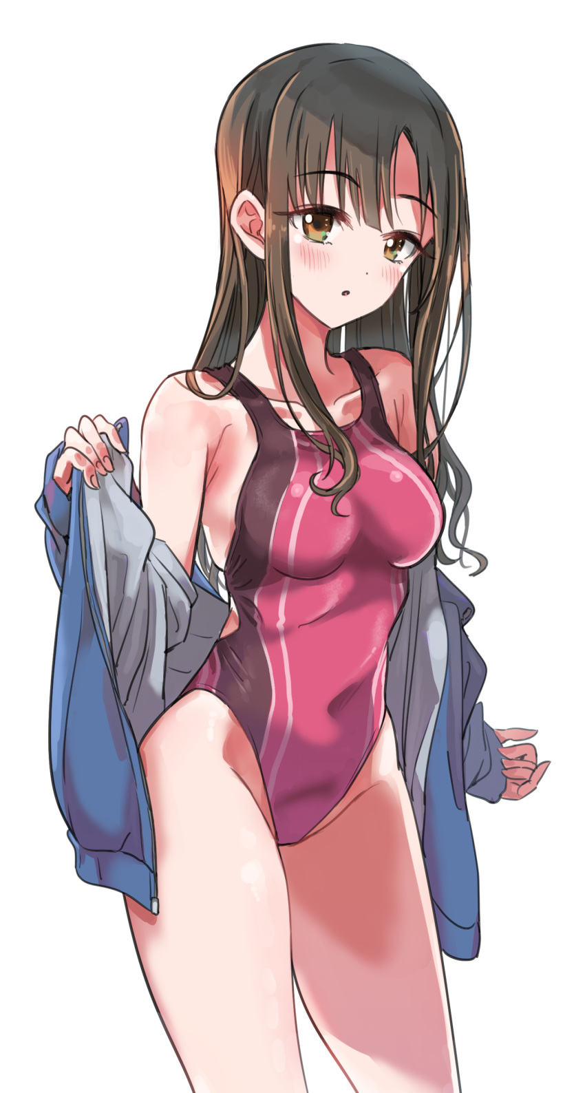 1girl :o absurdres bare_shoulders blue_jacket blush breasts brown_eyes brown_hair casual_one-piece_swimsuit collarbone covered_navel groin highres idolmaster idolmaster_cinderella_girls jacket kobayakawa_sae long_hair long_sleeves looking_at_viewer medium_breasts off_shoulder one-piece_swimsuit open_clothes open_jacket parted_lips pink_swimsuit pizzasi simple_background sleeves_past_wrists solo swimsuit white_background