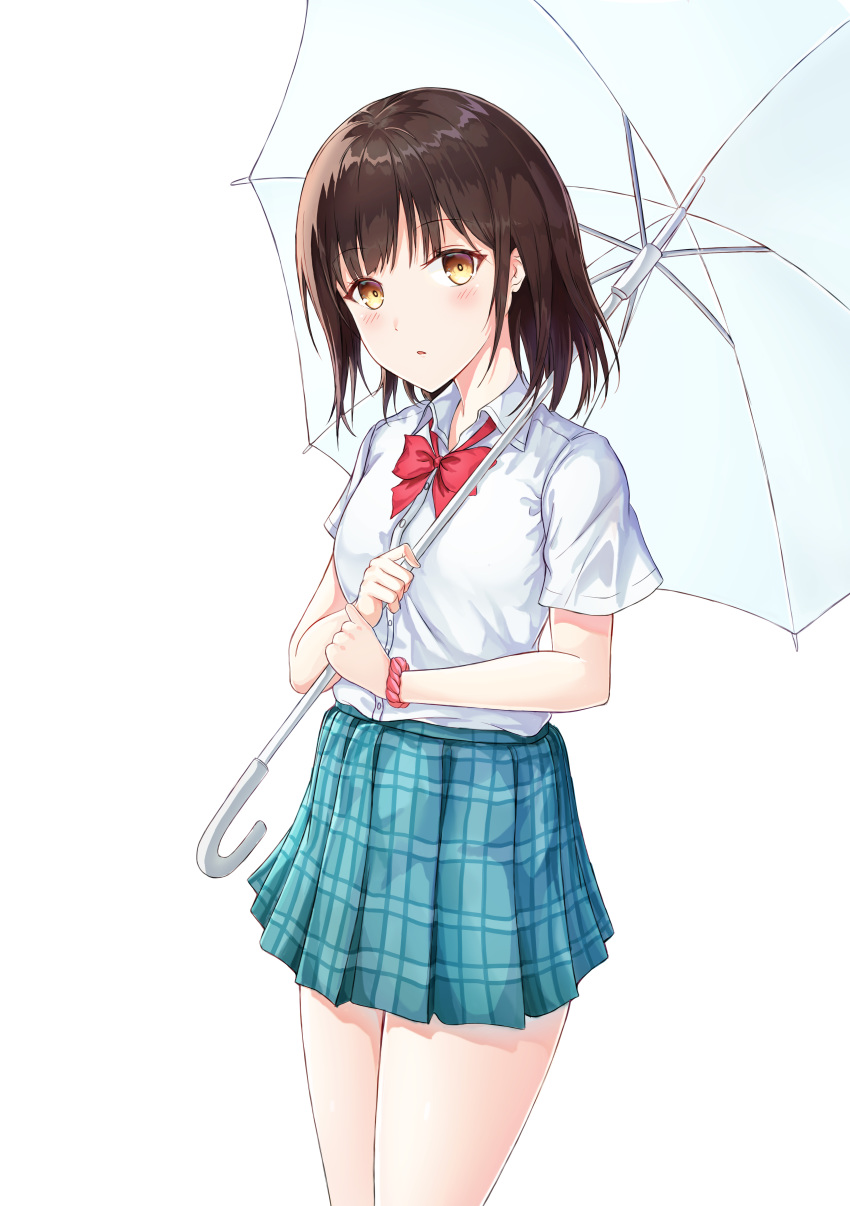 1girl absurdres bangs blue_skirt blush bow bowtie breasts brown_eyes brown_hair collared_shirt cowboy_shot dress_shirt highres holding holding_umbrella looking_at_viewer miniskirt neon_(hhs9444) original plaid plaid_skirt pleated_skirt red_bow red_neckwear school_uniform serafuku shirt shirt_tucked_in short_sleeves simple_background skirt small_breasts solo standing transparent transparent_umbrella umbrella uniform white_background white_shirt wing_collar wristband
