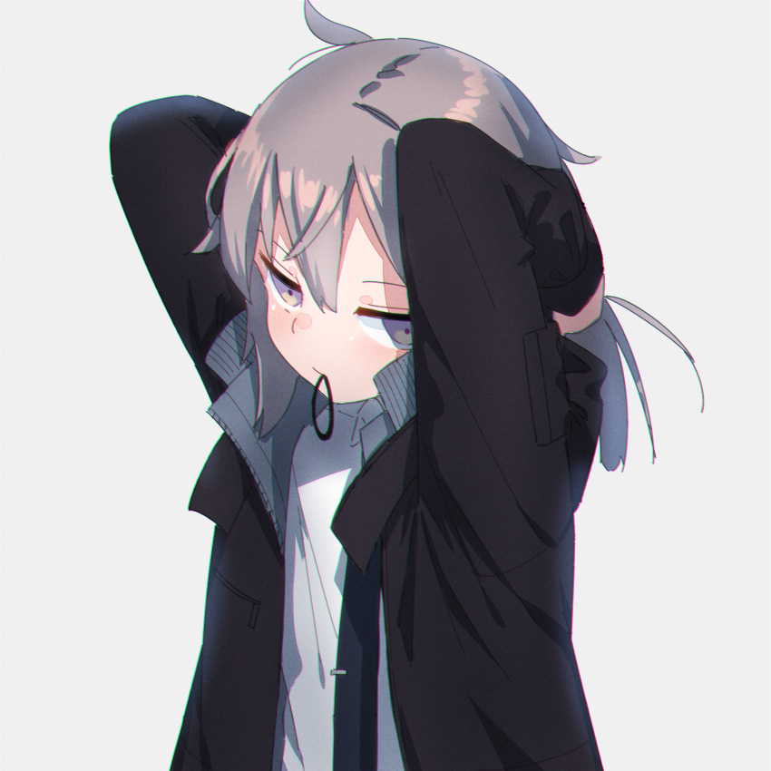 1girl ahoge arms_behind_head black_jacket commentary_request girls_frontline hair_tie hair_tie_in_mouth highres jacket kuro_kosyou light_purple_eyes long_sleeves m200_(girls_frontline) mouth_hold necktie open_clothes open_jacket ponytail shirt silver_hair solo tying_hair white_shirt