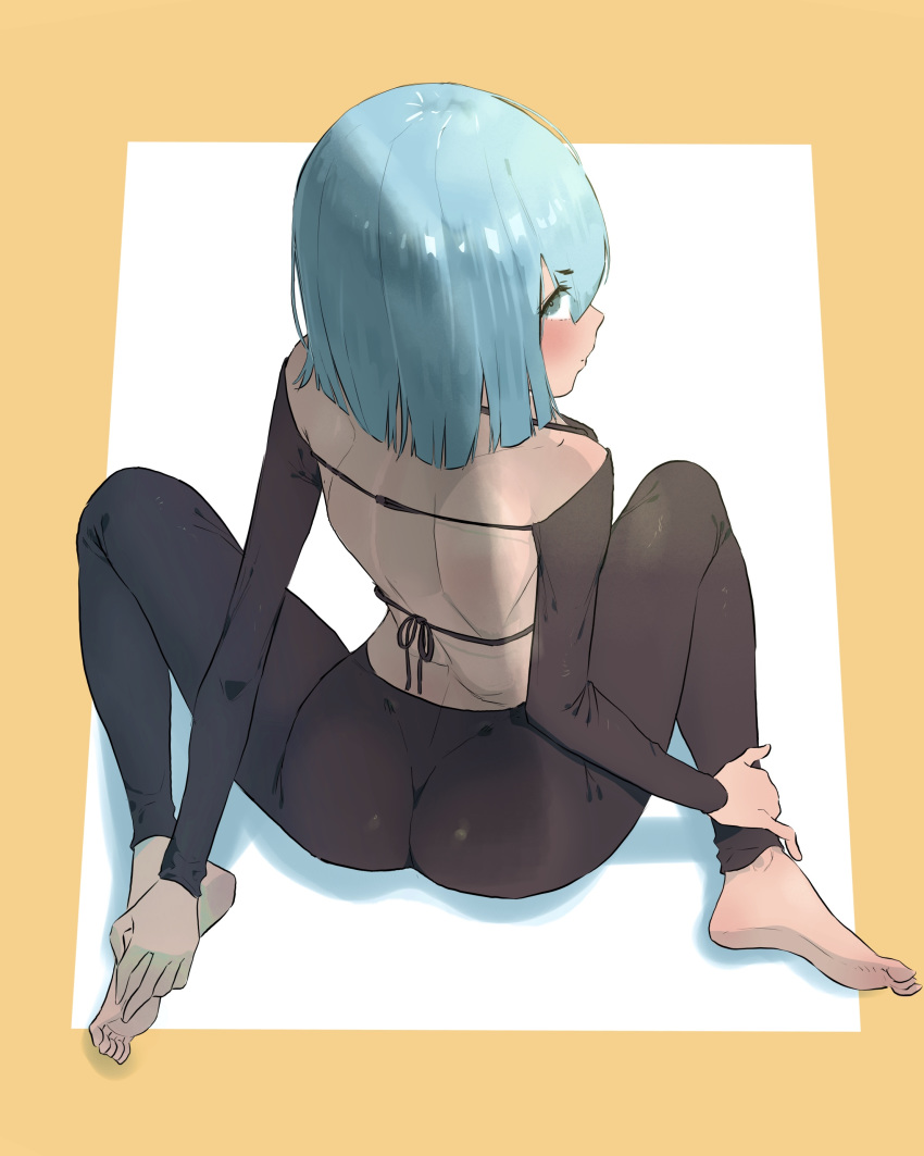 1girl 38myyyy absurdres ass back bangs barefoot blue_eyes blue_hair blush bob_cut eyebrows_visible_through_hair highres looking_at_viewer original pants sitting solo wariza yoga_pants