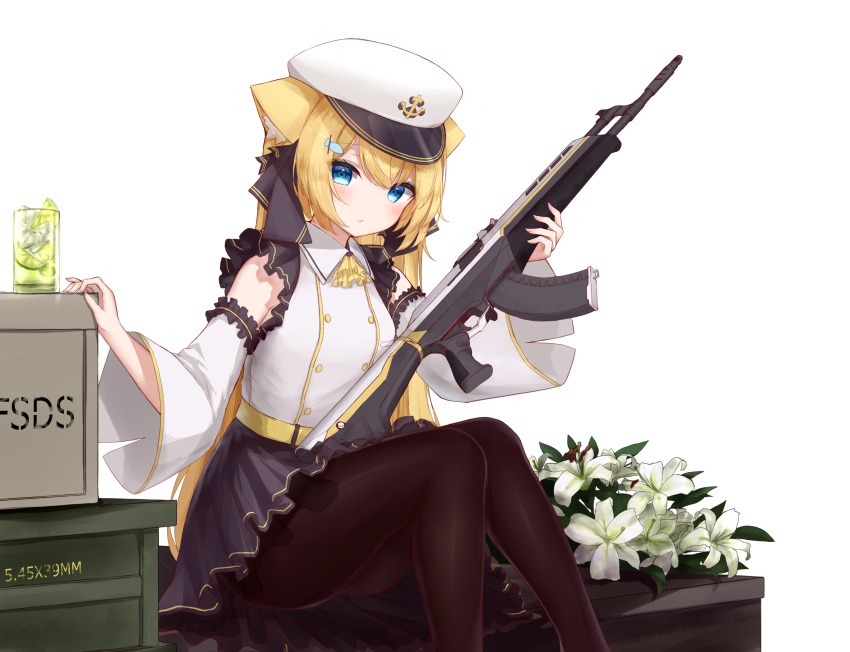 1girl anchor_symbol animal_ears assault_rifle bangs black_legwear blonde_hair blue_eyes box cup detached_sleeves eyebrows_visible_through_hair fish_hair_ornament flower food fruit gun guo582 hair_between_eyes hair_ornament hanazono_serena hanazono_serena_(channel) hat highres ice ice_cube lily_(flower) lime_(fruit) lime_slice long_hair looking_at_viewer pantyhose parted_lips rifle sitting solo virtual_youtuber weapon