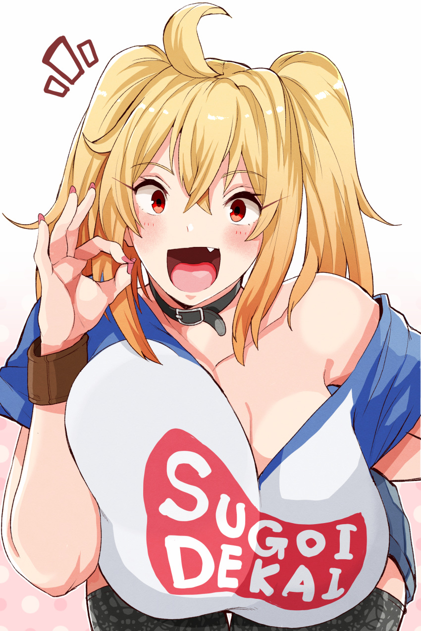 1girl 41_(taskmaster41) absurdres ahoge bangs black_collar blonde_hair blush borrowed_character breasts collar fang highres huge_breasts leaning_forward long_hair looking_at_viewer meme_attire open_mouth original raglan_sleeves red_eyes romaji_text saaya_(kirome) shirt simple_background smile sugoi_dekai t-shirt twintails uzaki-chan_wa_asobitai! white_background