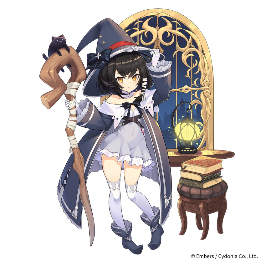 1girl ash_arms black_hair chair collarbone full_body gloves hat highres jacket lantern navel official_art ribbon short_hair smile solo staff tam-u thigh-highs transparent_background white_gloves witch_hat yellow_eyes