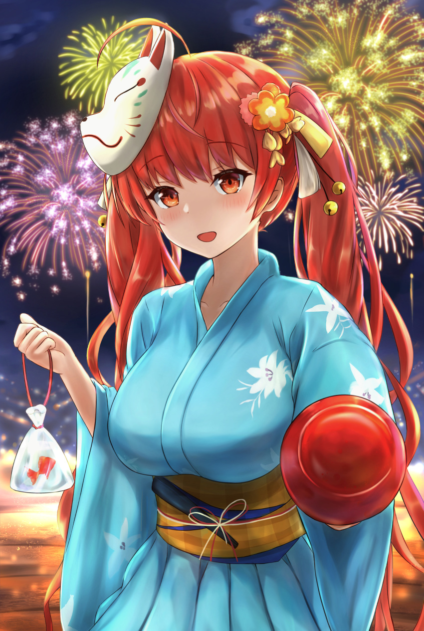 1girl aerial_fireworks ahoge amano_kusatsu azur_lane bag bagged_fish bangs bell blue_kimono blush breasts candy_apple fireworks fish floral_print flower food fox_mask hair_bell hair_flower hair_ornament hair_ribbon highres holding holding_bag holding_food honolulu_(azur_lane) honolulu_(festival_date)_(azur_lane) japanese_clothes kimono large_breasts long_hair looking_at_viewer mask mask_on_head open_mouth pov red_eyes redhead ribbon sash solo twintails very_long_hair yellow_sash yukata