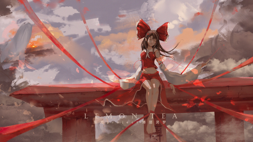 1girl absurdres alternate_color artist_request bangs bare_legs barefoot bound bound_legs bow breasts brown_hair character_name chinese_commentary closed_eyes closed_mouth clouds cloudy_sky commentary_request copyright_name crop_top detached_sleeves eyelashes floating_hair frilled_bow frills full_body hair_bow hakurei_reimu highres large_bow long_hair medium_breasts midriff navel neckerchief outdoors parted_bangs partial_commentary red_bow red_ribbon red_shirt red_skirt ribbon ribbon-trimmed_sleeves ribbon_trim shirt sidelocks sitting skirt sky sleeveless sleeveless_shirt solo stomach string string_of_fate sunset torii touhou white_neckwear wide_sleeves wind