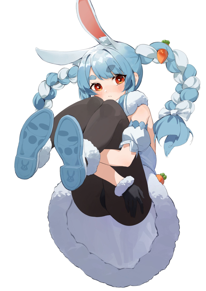 1girl :t absurdres animal_ear_fluff animal_ears bangs black_gloves black_legwear blue_hair blush braid bunny_girl carrot_hair_ornament closed_mouth commentary detached_sleeves dress eyebrows_visible_through_hair food_themed_hair_ornament fur-trimmed_footwear fur-trimmed_gloves fur_trim gloves hair_ornament highres holding_legs hololive knees_up long_hair looking_at_viewer multicolored_hair orange_eyes pantyhose puffy_short_sleeves puffy_sleeves rabbit_ears rui_(rei_leyi) shoe_soles short_sleeves simple_background solo streaked_hair swept_bangs thick_eyebrows twin_braids twintails usada_pekora virtual_youtuber white_background white_dress white_hair