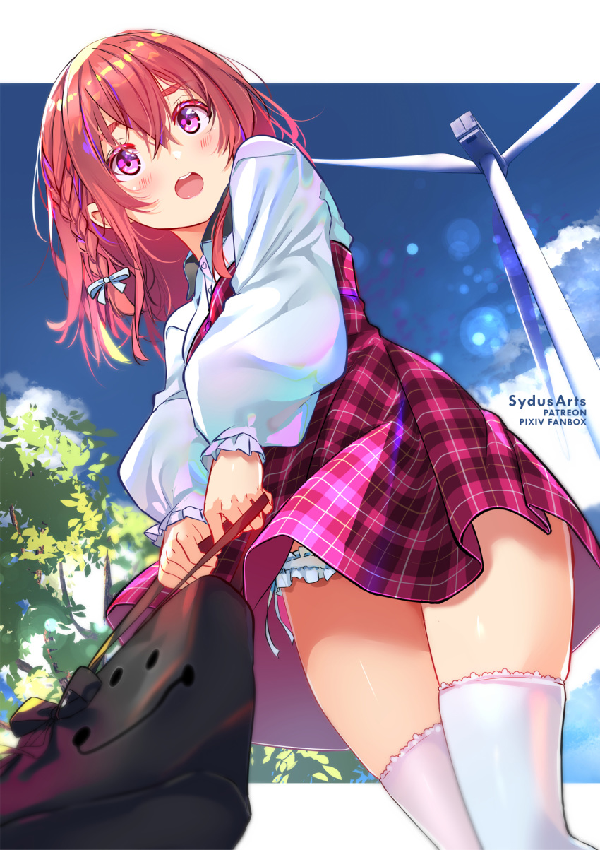 1girl :o bag bangs bow braid breasts brown_hair clouds eyebrows_visible_through_hair from_behind hair_bow highres holding holding_bag kanojo_okarishimasu legs long_sleeves looking_at_viewer panties puffy_sleeves red_eyes ribbon sakurasawa_sumi school_bag shirt shirt_tucked_in short_hair side_braid single_braid skirt skirt_lift sky solo sydus thigh-highs tree underwear white_bow white_legwear white_panties white_shirt windmill