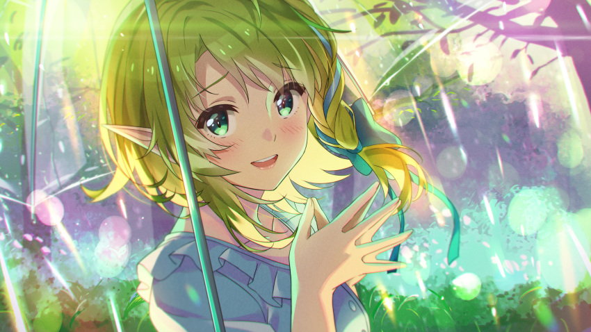 1girl absurdres aria_project_2.0 backlighting bangs blonde_hair blue_dress braid commentary day dress eyebrows_visible_through_hair fingers_together frilled_dress frills green_eyes hair_ribbon highres light_particles looking_at_viewer narumi_nanami open_mouth outdoors plant pointy_ears portrait rain ribbon senjou_aria short_hair side_braid smile solo transparent transparent_umbrella tree umbrella