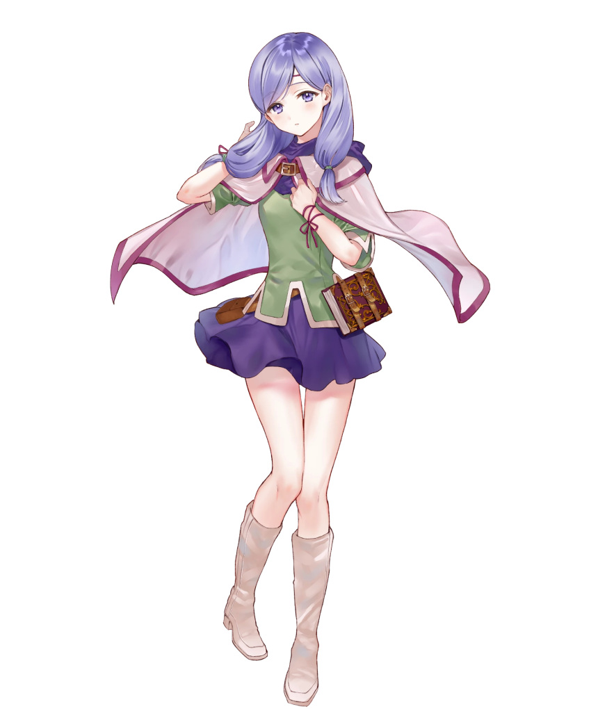 1girl bangs belt_pouch blush book boots cape capelet circlet eyebrows_visible_through_hair fire_emblem fire_emblem:_path_of_radiance fire_emblem_heroes hand_on_own_chest hand_up hanekoto highres ilyana_(fire_emblem) jewelry knee_boots long_hair looking_at_viewer miniskirt official_art pouch purple_hair purple_skirt shiny shiny_hair short_sleeves skirt solo standing tied_hair transparent_background violet_eyes white_footwear