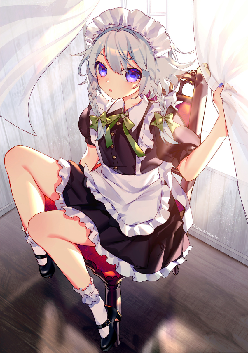 1girl :o apron artist_name bangs bare_arms bare_legs black_footwear blue_eyes blue_nails braid chair commentary_request curtain_grab curtains dress flat_chest frilled_dress frilled_legwear frills green_ribbon hair_ornament hair_ribbon head_tilt highres hinasumire holding holding_curtain indoors izayoi_sakuya knees_up looking_at_viewer looking_up maid maid_apron maid_headdress mary_janes nail_polish neck_ribbon open_mouth pleated_dress puffy_sleeves ribbon shoes short_sleeves silver_hair sitting socks solo touhou twin_braids twintails white_legwear window