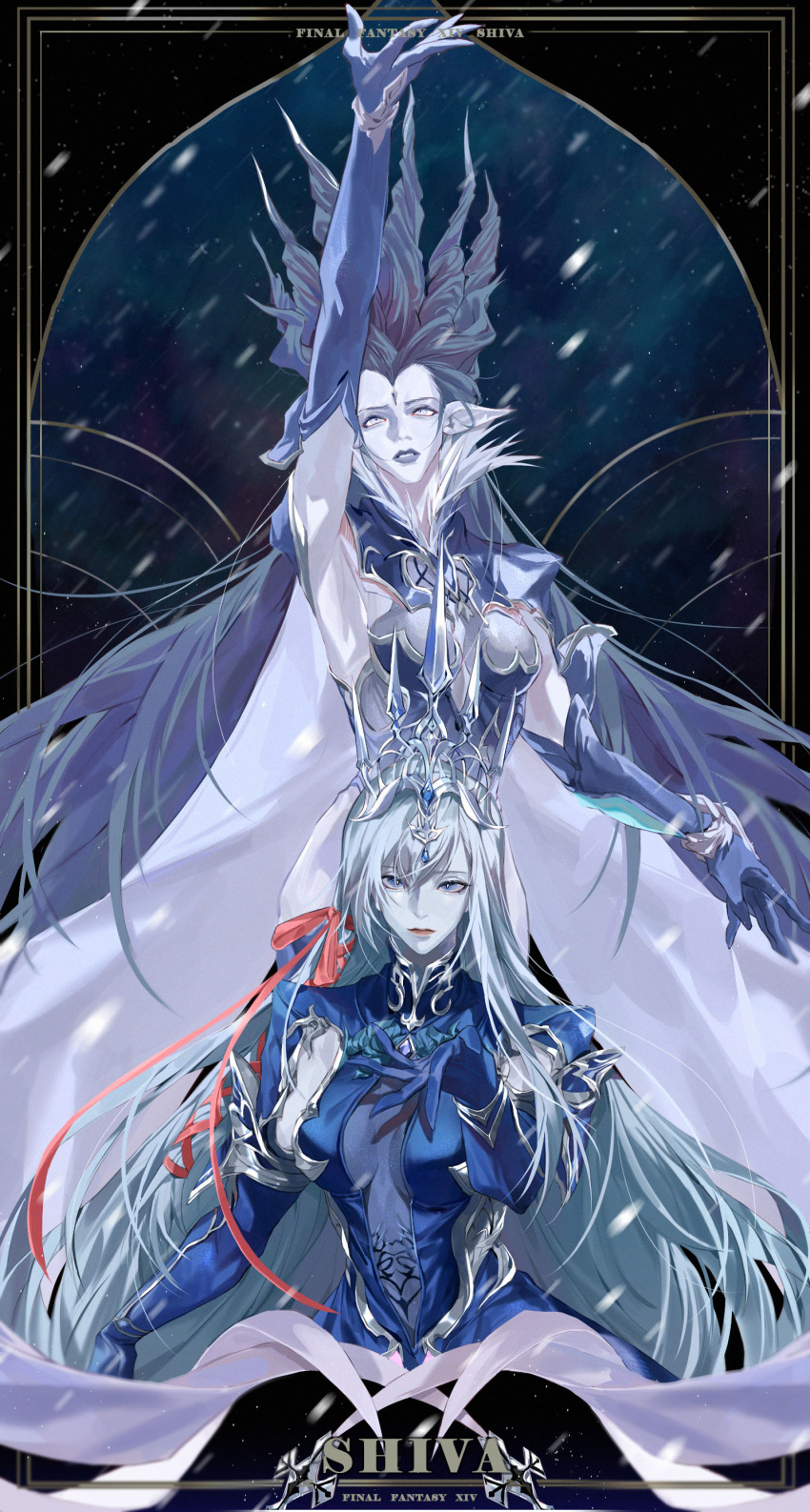 2girls absurdres alternate_form arm_up blue_eyes blue_gloves blue_skin breasts cape character_name copyright_name crown final_fantasy final_fantasy_xiv gloves grey_eyes hair_ribbon highres long_hair looking_at_viewer looking_up multiple_girls parted_lips ribbon ryne shiva_(final_fantasy) silver_hair tladpwl03 very_long_hair