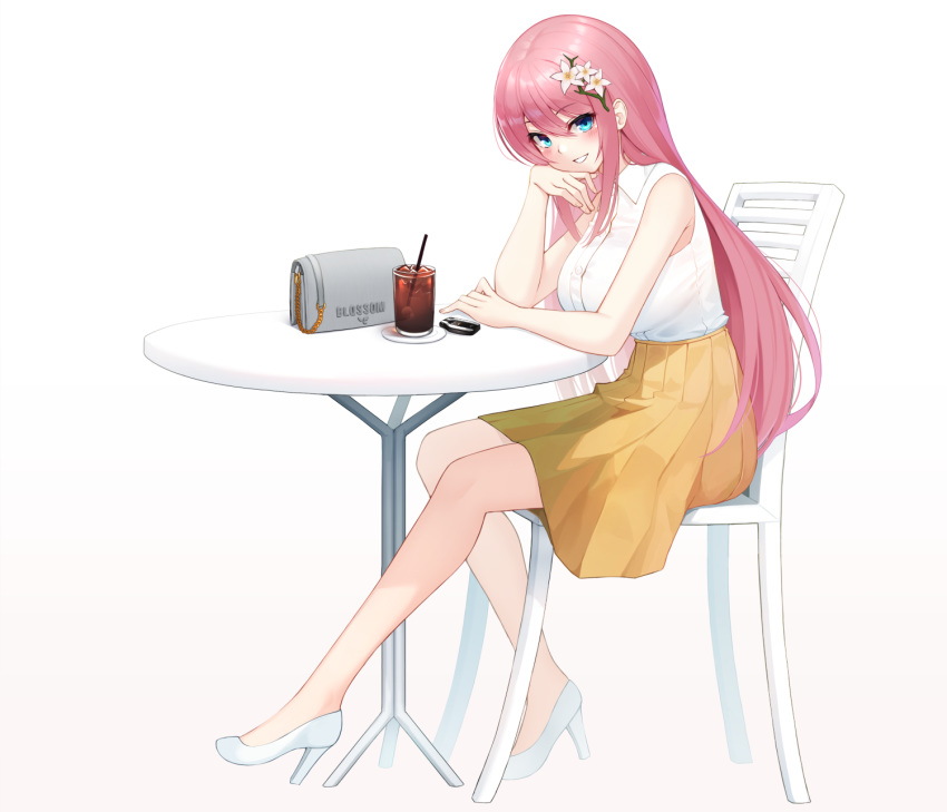 1girl :d bag bare_legs blue_eyes blush breasts chair character_request collared_shirt commentary_request cup drinking_glass dungeon_and_fighter flower hair_flower hair_ornament hand_on_own_cheek handbag high_heels highres ice ice_cube iced_tea korean_commentary large_breasts long_hair looking_at_viewer maemi_(maemi12) medium_skirt on_chair open_mouth pink_hair shirt sidelocks simple_background sitting skirt sleeveless sleeveless_shirt smile solo straight_hair very_long_hair white_background white_flower white_footwear white_shirt yellow_skirt