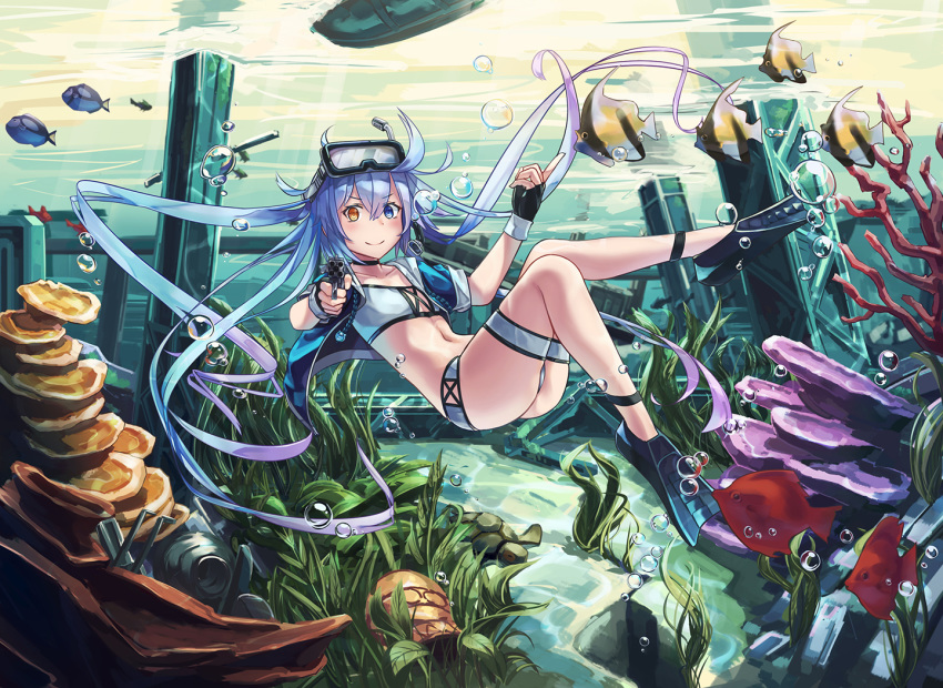 1girl air_bubble bikini blue_eyes blue_hair blue_jacket boat bubble commentary_request coral_reef diving_mask diving_mask_on_head fingerless_gloves fish flat_chest flippers freediving girls_frontline gloves gradient_hair gun hair_between_eyes handgun heterochromia holding holding_gun holding_weapon hood hooded_jacket jacket legs long_hair looking_at_viewer multicolored_hair natori_youkai navel ocean pointing pointing_at_viewer pointing_up purple_hair ruins seaweed smile snorkel solo spp-1 spp-1_(girls_frontline) swimming swimsuit twintails underwater very_long_hair watercraft weapon white_bikini yellow_eyes