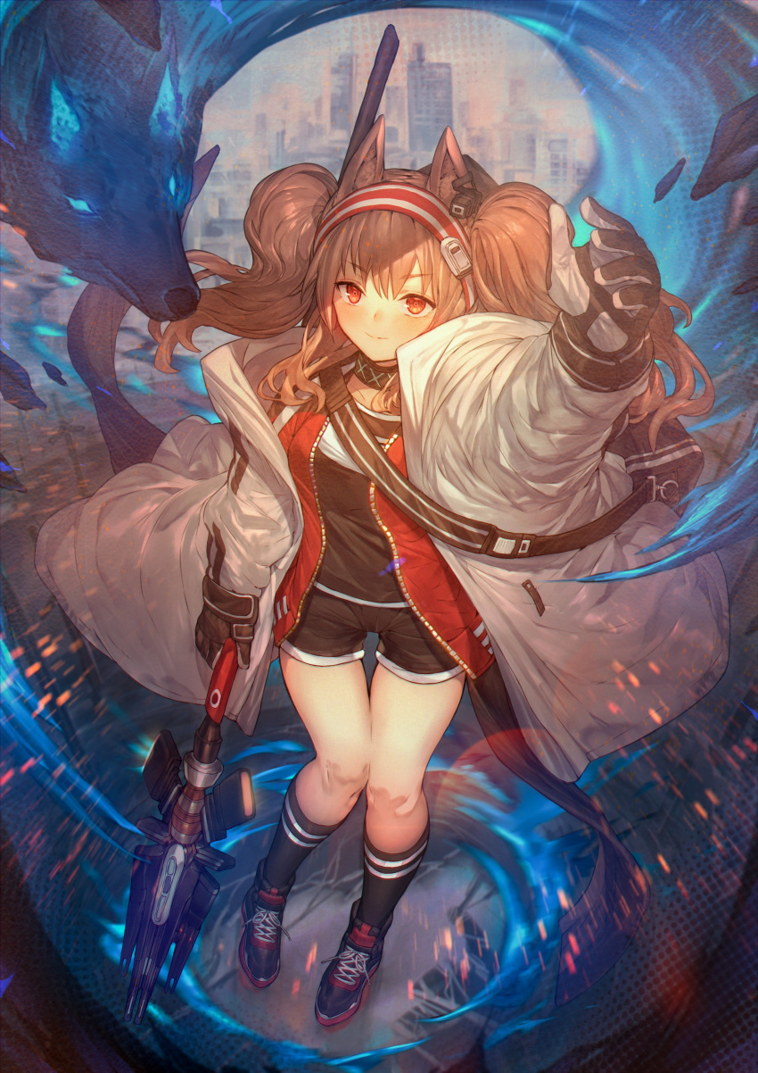 1girl absurdres angelina_(arknights) animal_ears arknights bangs black_gloves blush breasts brown_hair choker eyebrows_visible_through_hair fox_ears gloves hairband highres holding jacket long_hair long_sleeves looking_at_viewer open_clothes red_eyes red_hairband shirt shorts smile solo takeno_(hashi_falcon) twintails