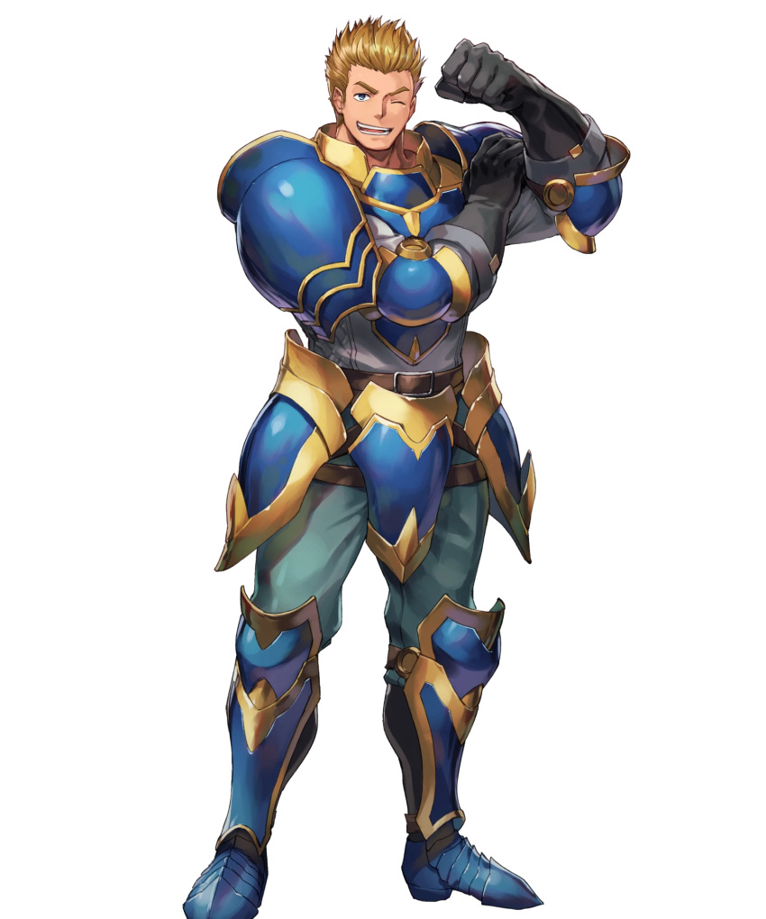 1boy belt blonde_hair blue_eyes boots dai-xt fire_emblem fire_emblem:_path_of_radiance fire_emblem_heroes full_body gatrie_(fire_emblem) gloves highres official_art one_eye_closed open_mouth solo teeth transparent_background