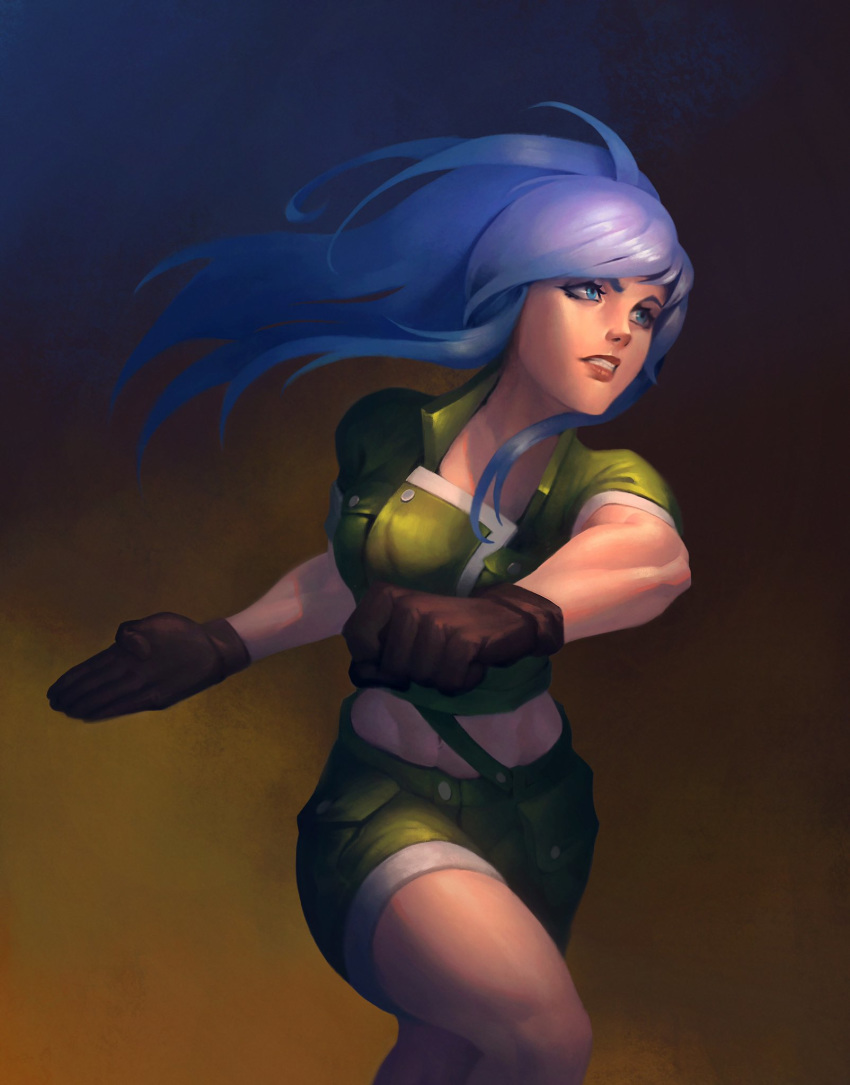 1girl bangs black_gloves blue_eyes blue_hair brown_gloves clenched_hand clenched_teeth english_commentary floating_hair gabriel_zanini gloves green_jacket green_shorts high_ponytail highres jacket leona_heidern long_hair looking_ahead midriff military military_uniform painting parted_lips ponytail running shorts smile solo teeth the_king_of_fighters twisted_torso uniform
