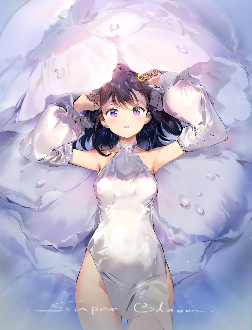 1girl absurdres anmi arms_up bangs black_hair commentary detached_sleeves dress droplet english_text flower from_above hair_ornament halterneck highres looking_at_viewer lying medium_hair minigirl on_back original parted_lips short_dress sidet solo violet_eyes white_dress white_flower white_sleeves