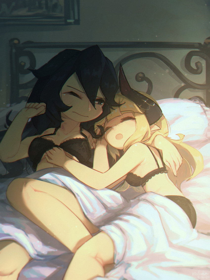 2girls absurdres bangs black_bra black_eyes black_hair black_panties blonde_hair blunt_bangs borrowed_character bra breasts closed_eyes commentary english_commentary flareze_(porforever) highres horns indoors long_hair medium_breasts multiple_girls one_eye_closed open_mouth original panties pointy_ears porforever sleeping under_covers underwear underwear_only waking_up yuri