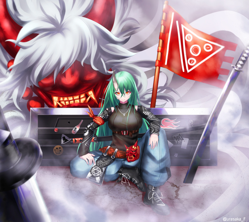 1girl absurdres arknights arm_ribbon arm_scarf armor breasts daiki1999-3-28 green_hair highres holding holding_shield horns hoshiguma_(arknights) huge_filesize long_hair looking_at_viewer magatama_necklace oni_horns oni_mask ribbon shield single_horn solo sword weapon