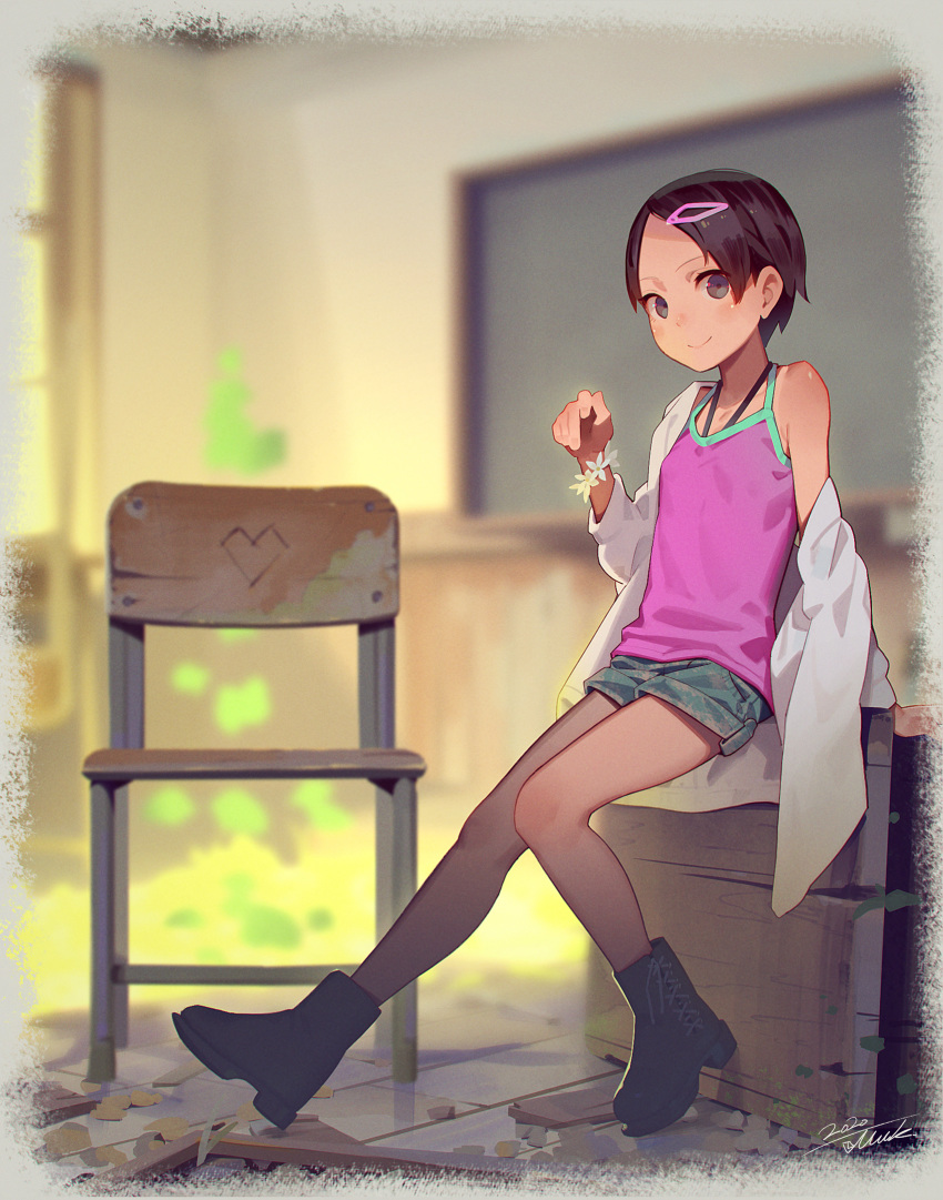 1girl black_footwear boots brown_hair camisole chair classroom dated green_shorts grey_eyes hair_ornament hairclip highres indoors looking_at_viewer muk_(monsieur) original pink_camisole short_hair shorts signature smile solo