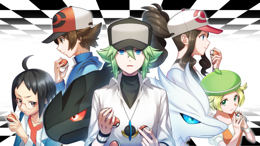 2girls 3boys ahoge bangs baseball_cap bianca_(pokemon) black_hair black_vest blonde_hair blue_eyes brown_hair checkered cheren_(pokemon) commentary_request gen_5_pokemon green_eyes green_hair green_headwear hair_between_eyes hand_up hat high_ponytail highres hilbert_(pokemon) hilda_(pokemon) holding holding_poke_ball jewelry legendary_pokemon long_hair looking_at_viewer multiple_boys multiple_girls n_(pokemon) nagiru necklace poke_ball poke_ball_(basic) pokemon pokemon_(creature) pokemon_(game) pokemon_bw reshiram sidelocks vest wristband zekrom