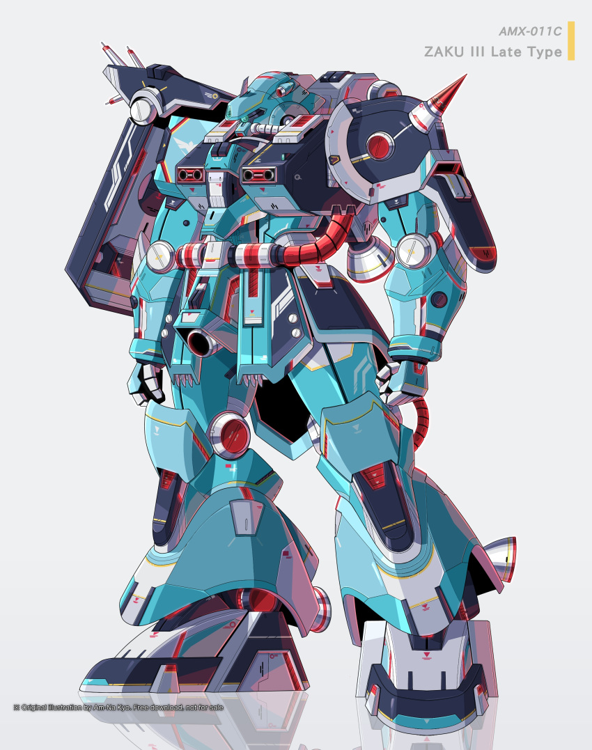 absurdres artist_name azzalea blue_eyes character_name clenched_hands english_commentary glowing glowing_eye gundam gundam_zz highres mecha no_humans one-eyed solo standing zaku_iii zeon