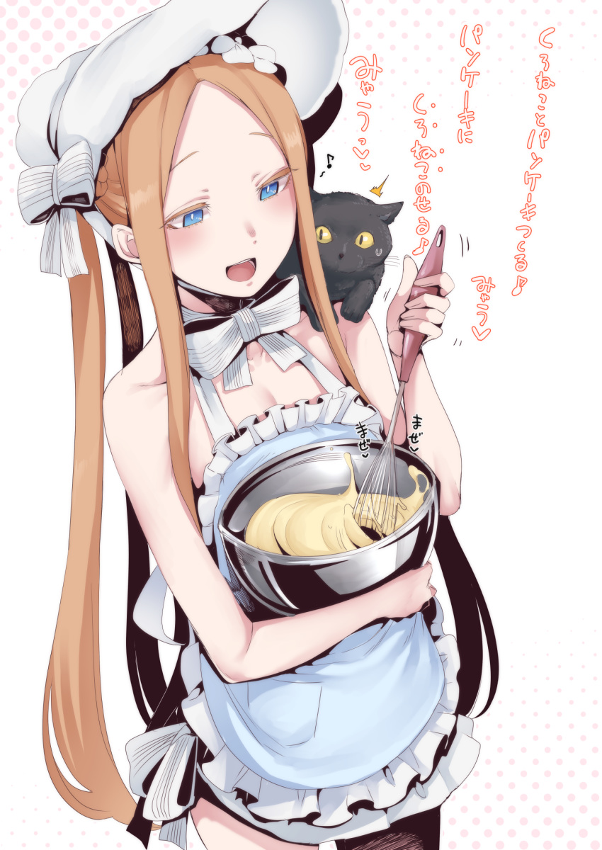 1girl abigail_williams_(fate/grand_order) abigail_williams_(swimsuit_foreigner)_(fate) animal_on_shoulder apron bangs bare_shoulders batter bikini black_cat blonde_eyebrows blonde_eyelashes blonde_hair blue_eyes blush bonnet bow bowl braid breasts cat cat_on_shoulder commentary_request cooking fate/grand_order fate_(series) forehead hair_bow hair_rings highres long_hair mixing_bowl nakamura_regura naked_apron no_bra open_mouth parted_bangs sidelocks simple_background small_breasts smile swimsuit translation_request twin_braids twintails type-moon very_long_hair whisk white_apron white_background white_bikini white_bow white_headwear