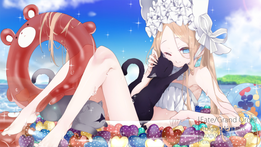 1girl abigail_williams_(fate/grand_order) abigail_williams_(swimsuit_foreigner)_(fate) bangs bare_shoulders bikini black_cat blonde_hair blue_eyes blue_sky blush bonnet bow breasts cat fate/grand_order fate_(series) feixiang_c forehead hair_bow highres innertube legs long_hair miniskirt navel ocean parted_bangs sidelocks skirt sky small_breasts smile sparkle swimsuit twintails very_long_hair wet white_bikini white_bow white_headwear