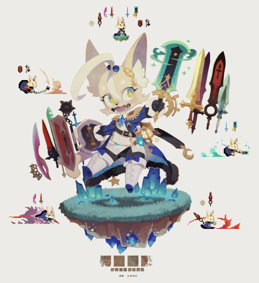1boy ahoge armor attack blonde_hair bow crystal fangs fur furry grass ground hair_ornament multiple_views multiple_weapons necktie open_mouth original pixel_art rikose shield simple_background star-shaped_pupils star_(symbol) sword symbol-shaped_pupils teeth weapon
