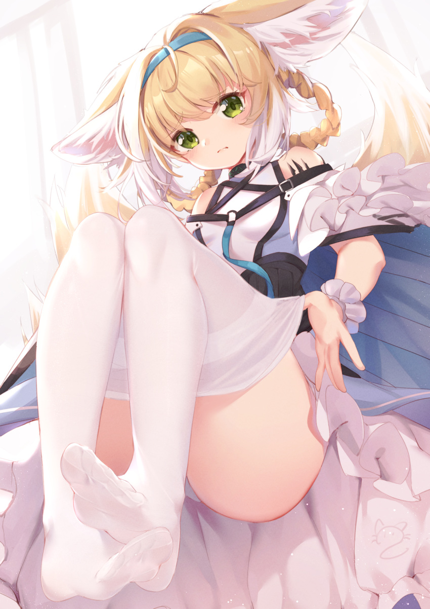 1girl animal_ears arknights bare_shoulders blonde_hair blue_hairband braid commentary fox_ears fox_tail green_eyes hair_intakes hairband highres knees_up nahaki oripathy_lesion_(arknights) pantyhose pantyhose_pull short_hair short_sleeves sitting solo suzuran_(arknights) symbol_commentary tail thighs white_legwear wrist_cuffs