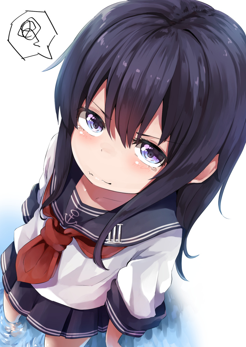 1girl akatsuki_(kantai_collection) anchor_symbol black_hair black_sailor_collar black_skirt commentary_request from_above highres kantai_collection long_hair looking_at_viewer neckerchief no_hat no_headwear pleated_skirt red_neckwear sailor_collar simple_background skirt solo spoken_squiggle squiggle taisho_(gumiyuki) violet_eyes wading water white_background