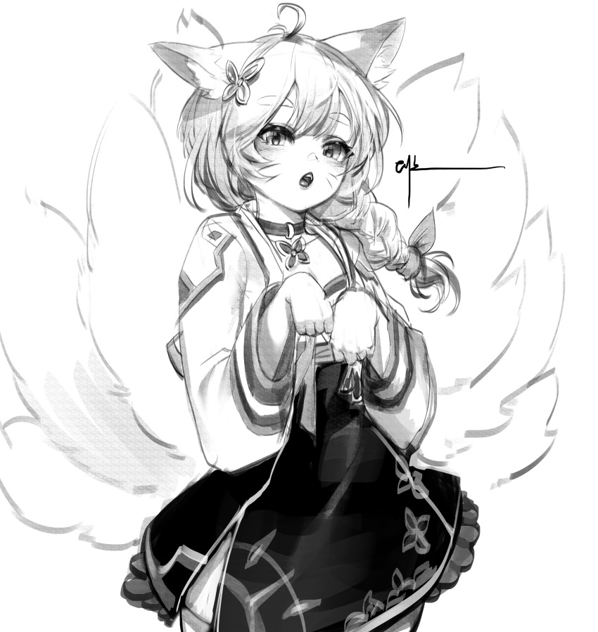 1girl absurdres ahoge animal_ear_fluff animal_ears bangs braid braided_ponytail bunny_pose character_request chestnut_mouth collar cowboy_shot daeno english_commentary flat_chest fox_ears fox_girl fox_tail greyscale guardian_tales hair_ornament highres jewelry long_hair looking_at_viewer monochrome multiple_tails open_mouth pendant side_slit simple_background single_braid skirt solo tail tongue whiskers white_background