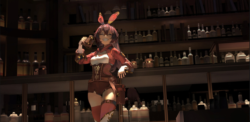 1girl ^_^ amber_(genshin_impact) animal_ears arm_rest bangs beer_mug belt_pouch boots bottle box breasts closed_eyes corset counter cowboy_shot cropped_jacket cup dark ear_ribbon elbows_on_table facing_viewer genshin_impact grin hair_between_eyes hand_up highres indoors jacket long_hair long_sleeves medium_breasts mug no_gloves no_goggles pipilili ponytail pouch rabbit_ears red_jacket red_legwear red_shorts shelf short_shorts shorts smile solo standing thigh-highs thigh_boots white_footwear wine_bottle