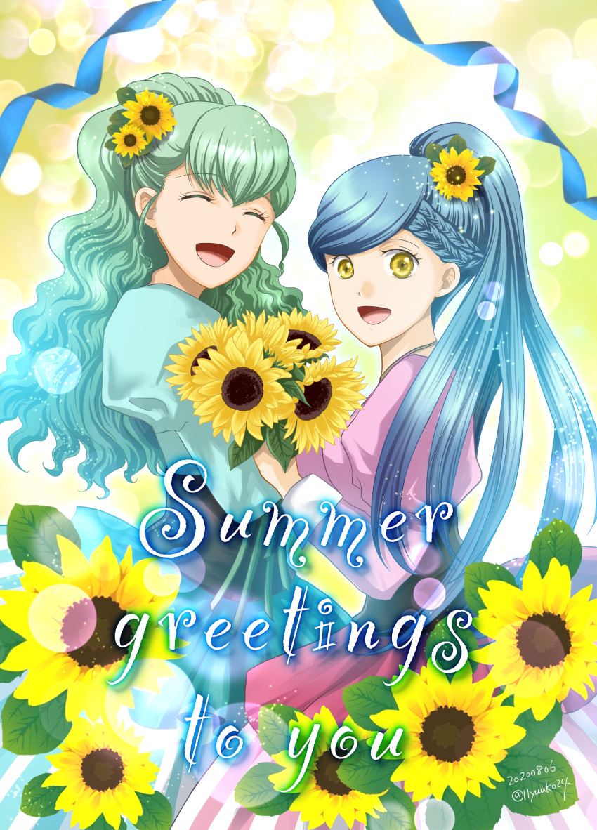 2girls :d absurdres bangs blue_dress blue_hair braid bustier closed_eyes dated dress eyebrows_visible_through_hair facing_viewer flower french_braid from_side green_hair hair_between_eyes hair_flower hair_ornament high_ponytail highres honzuki_no_gekokujou layered_dress lens_flare long_dress long_hair maine_(honzuki_no_gekokujou) multiple_girls open_mouth pink_dress shiny shiny_hair siblings sisters smile standing summer sunflower swept_bangs tuuli_(honzuki_no_gekokujou) twitter_username very_long_hair yellow_eyes yellow_flower yuuko24