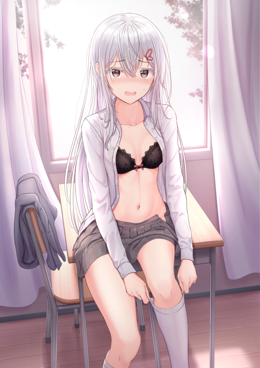1girl adjusting_clothes adjusting_legwear bangs black_bra blush bow bow_bra bra breasts brown_eyes buttons chair classroom collarbone collared_shirt colored_eyelashes commentary contemporary day desk dress_shirt dressing echidna_(re:zero) english_commentary eyebrows_visible_through_hair grey_skirt hair_between_eyes hair_ornament highres indoors jacket jacket_removed kneehighs kneehighs_pull lace lace-trimmed_bra lace_bra long_hair long_sleeves looking_at_viewer marinesnow miniskirt navel on_desk open_clothes open_mouth open_shirt pleated_skirt pulled_by_self re:zero_kara_hajimeru_isekai_seikatsu red_bow school_chair school_desk school_uniform shirt sidelocks signature silver_hair sitting sitting_on_desk skirt small_breasts solo stomach symbol_commentary underwear very_long_hair white_hair white_shirt window wing_collar wooden_floor work_in_progress
