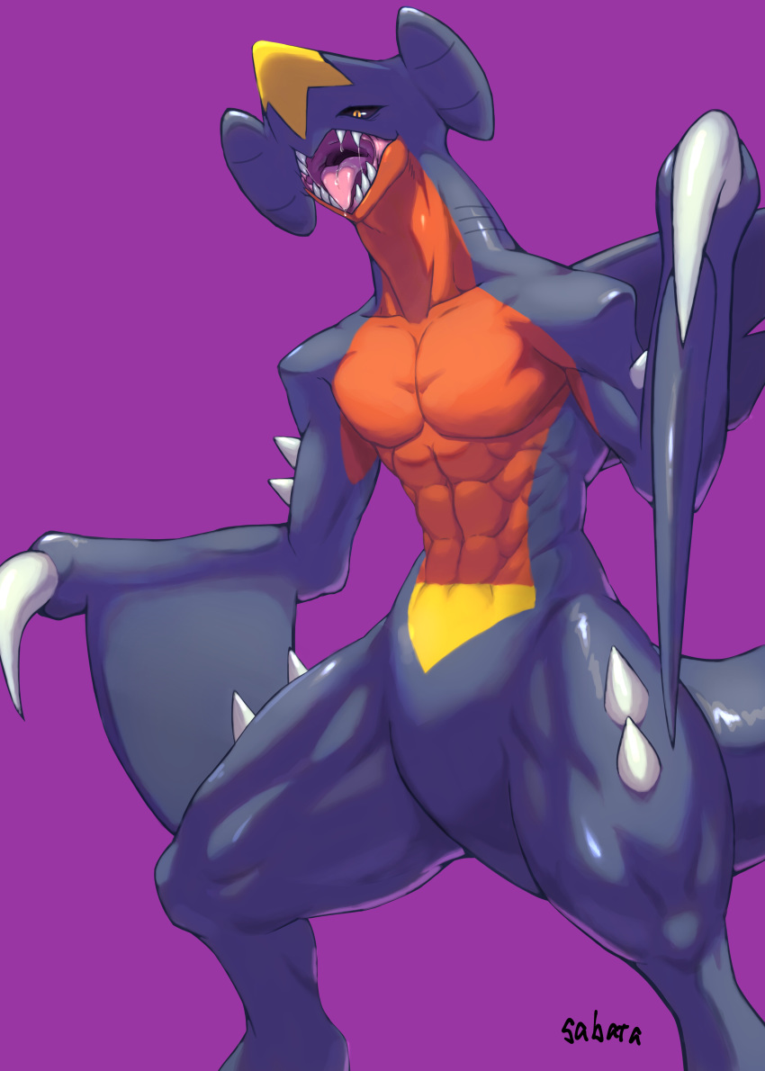 abs absurdres artist_name black_sclera claws commentary_request dragon garchomp gen_4_pokemon highres no_humans open_mouth pokemon pokemon_(creature) purple_background sabata_(user_nkxd4384) saliva sharp_teeth signature simple_background spikes teeth tongue yellow_eyes