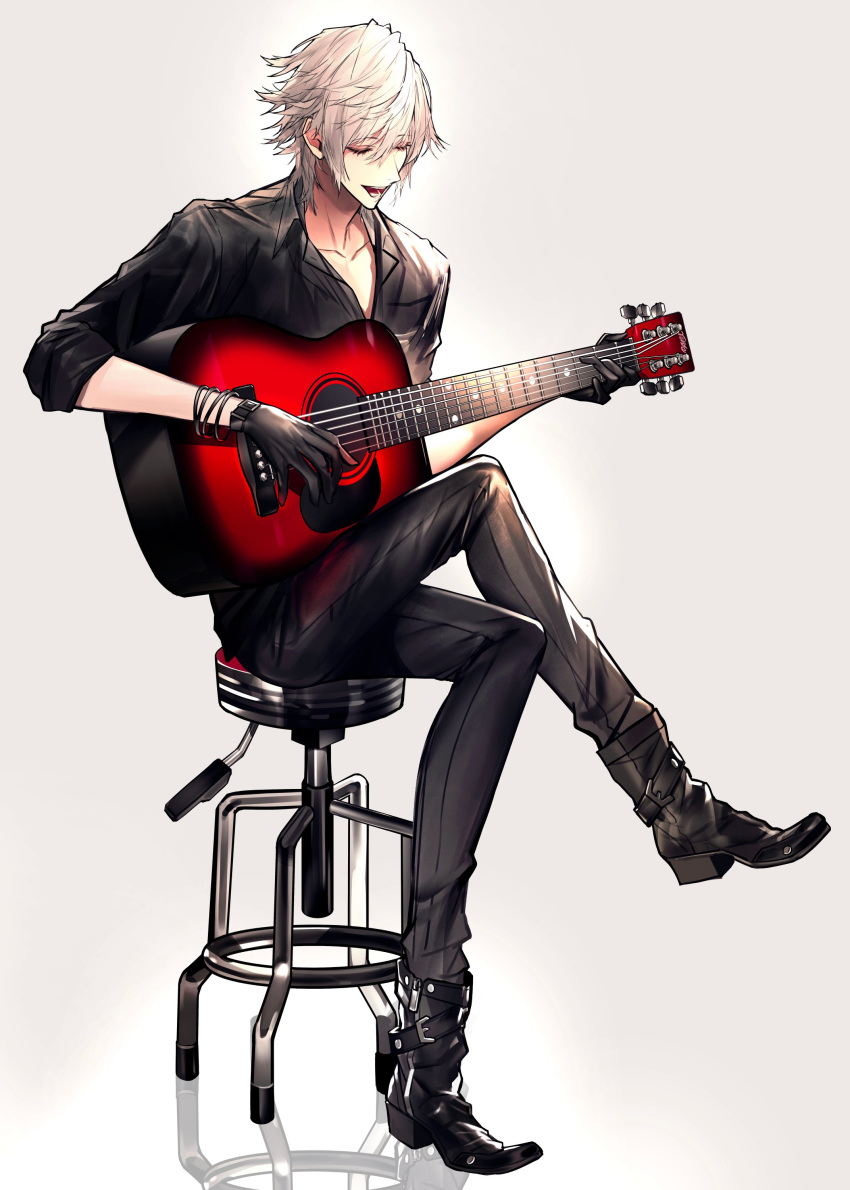 1boy absurdres bare_chest black_footwear black_gloves black_legwear closed_eyes collarbone crossed_legs gloves gradient gradient_background guitar hair_between_eyes highres instrument iriam male_focus music open_mouth playing_instrument reckless_dog singing sitting sleeves_rolled_up solo stool teeth tongue virtual_youtuber white_hair