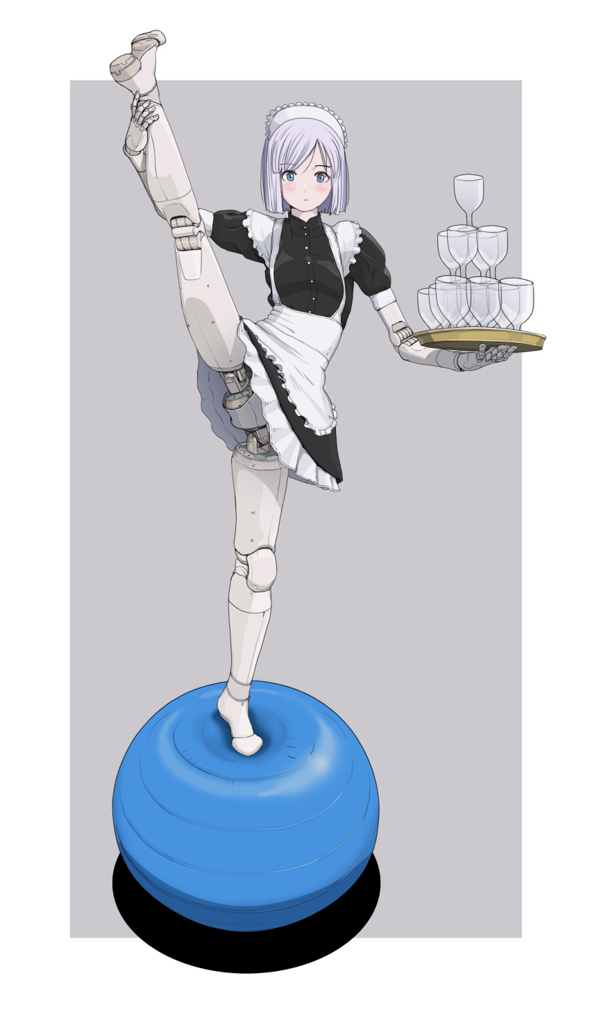1girl absurdres android apron balancing balancing_ball bangs colorized cup drinking_glass expressionless flat_chest flexible greyscale highres joints maid maid_apron maid_headdress mechanical_parts monochrome no_panties no_pussy original robot_joints science_fiction short_hair solo split standing standing_on_one_leg standing_split sukabu swept_bangs tray upskirt wine_glass