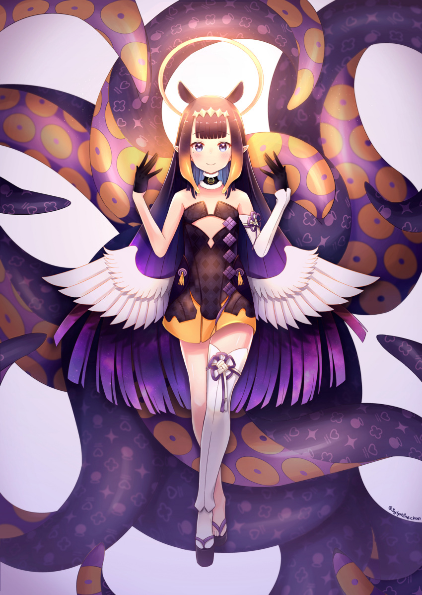 1girl angel_wings bangs bare_arms bare_shoulders black_choker black_dress black_gloves black_hair blue_eyes blunt_bangs blush choker closed_mouth crossed_legs detached_sleeves dress flat_chest full_body fur-trimmed_choker gloves gradient_hair hair_ornament half_gloves halo highres hime_cut hololive hololive_english long_hair looking_at_viewer low_wings mole mole_under_eye multicolored_hair ninomae_ina'nis okobo pointy_ears purple_hair sandals short_dress sidelocks single_detached_sleeve single_thighhigh sleeveless smile solo standing strapless strapless_dress sylphine tentacle_hair tentacles thigh-highs tube_dress twitter_username virtual_youtuber w_arms white_legwear white_sleeves white_wings wings