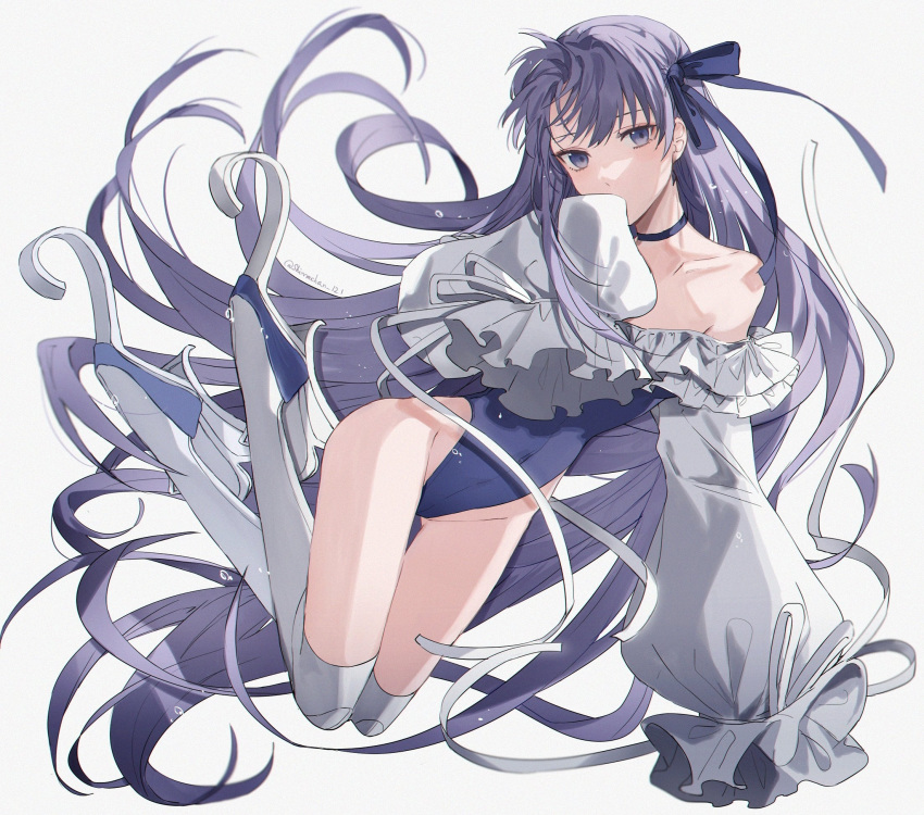 1girl bangs bare_shoulders blue_eyes blue_ribbon blush breasts choker collarbone fate/grand_order fate_(series) frills greaves hair_ribbon highleg highleg_swimsuit highres legs long_hair long_sleeves looking_at_viewer meltryllis meltryllis_(swimsuit_lancer)_(fate) off-shoulder_swimsuit one-piece_swimsuit prosthesis prosthetic_leg puffy_sleeves purple_hair ribbon sleeves_past_fingers sleeves_past_wrists small_breasts swimsuit very_long_hair white_ribbon yurumawari