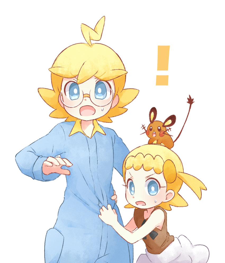 ! 1boy 1girl akasaka_(qv92612) bangs bare_arms blonde_hair blue_eyes bonnie_(pokemon) brother_and_sister clemont_(pokemon) commentary_request dedenne eyebrows_visible_through_hair gen_6_pokemon glasses height_difference highres jumpsuit_tug on_head open_mouth pokemon pokemon_(creature) pokemon_(game) pokemon_on_head pokemon_xy siblings surprised sweatdrop tied_hair tongue