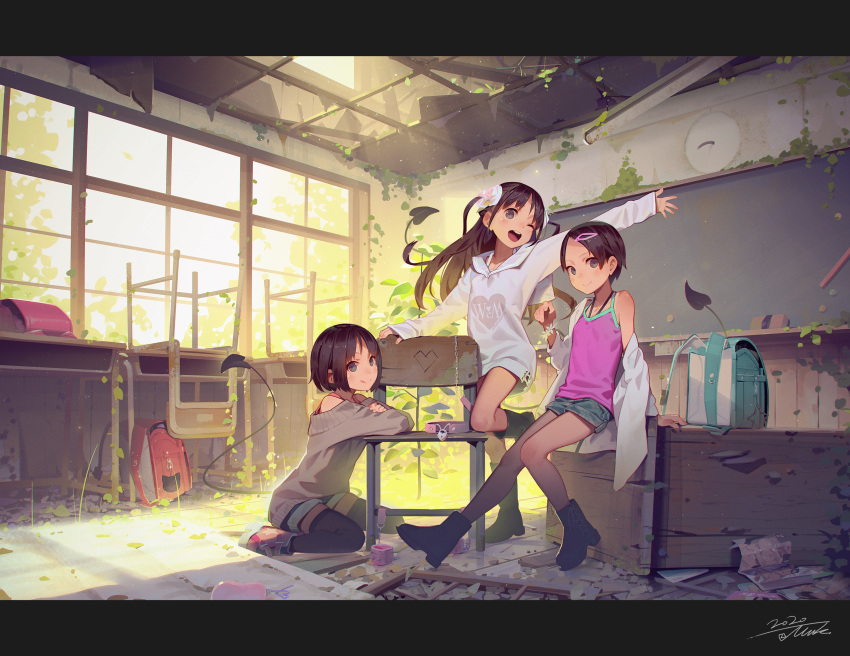 3girls :q ;d black_eyes black_footwear black_legwear boots brown_hair camisole chair classroom closed_mouth dated demon_tail full_body green_shorts grey_eyes grey_sweater hair_ornament hairclip highres indoors letterboxed long_hair long_sleeves looking_at_viewer muk_(monsieur) multiple_girls one_eye_closed open_mouth original outstretched_arm pink_camisole pink_footwear shoes short_hair shorts signature sitting sitting_on_floor smile standing standing_on_one_leg sweater tail thigh-highs tongue tongue_out upper_teeth