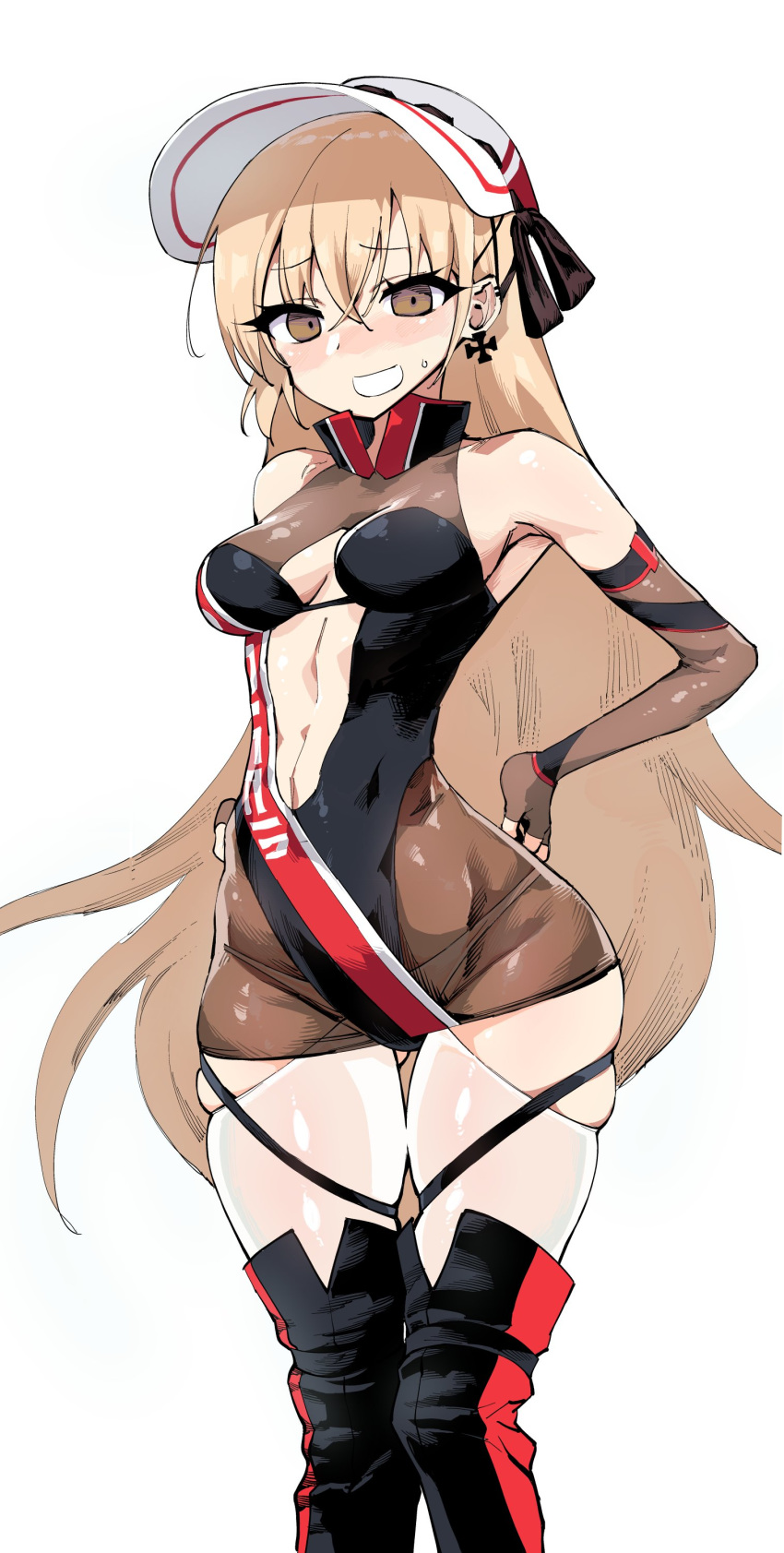 1girl absurdres bangs black_legwear blonde_hair blush bodysuit boots breasts brown_eyes commentary_request cross cross_earrings earrings elbow_gloves embarrassed eyebrows_visible_through_hair eyelashes fingerless_gloves girls_frontline gloves high_collar highleg highleg_leotard highres jewelry kinbakuman leotard long_hair maid_headdress medium_breasts navel navel_cutout ppk_(girls_frontline) racequeen sidelocks skin_tight skindentation skirt solo sweatdrop thigh-highs thigh_boots thighs very_long_hair visor_cap white_background white_headwear white_legwear