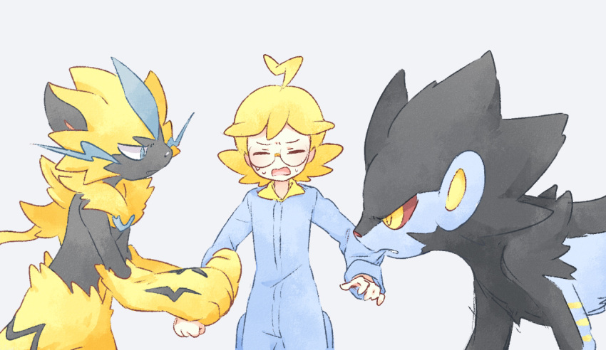 1boy ahoge akasaka_(qv92612) arm_grab bangs blonde_hair blue_jumpsuit clemont_(pokemon) closed_eyes commentary_request cowboy_shot fighting gen_4_pokemon gen_7_pokemon glasses jumpsuit_tug long_sleeves luxray mouth_hold mythical_pokemon open_mouth pokemon pokemon_(creature) pokemon_(game) pokemon_xy sketch sweat tongue zeraora