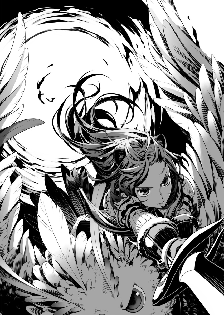 1girl animal_ears bird closed_mouth firo_(tate_no_yuusha_no_nariagari) floating_hair gloves greyscale hair_tubes highres long_hair long_sleeves minami_seira monochrome novel_illustration official_art raccoon_ears raccoon_girl raphtalia riding tate_no_yuusha_no_nariagari very_long_hair